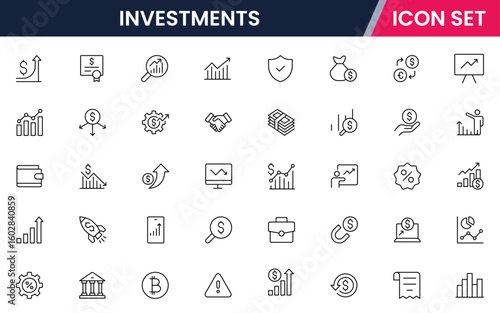 Investments vector line icons featuring stocks, graphs, portfolios, growth, returns, money, assets, finance apps, risk analysis, and savings.