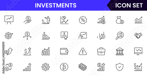 Investments vector line icons featuring stocks, graphs, portfolios, growth, returns, money, assets, finance apps, risk analysis, and savings.