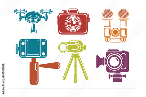 Collection of modern photography and videography gadgets including drones cameras microphones and tripods