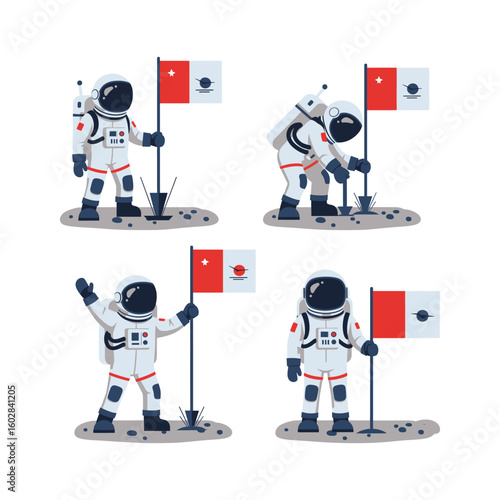 astronaut  Planting Flag Vector Art – Space and Astronomy Concept flat style