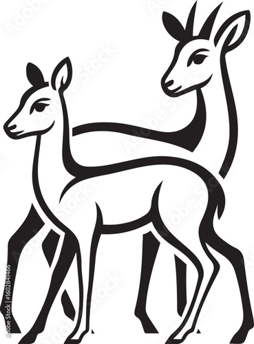 Black silhouette of two dik antelopes animal black and white, Pair of antelopes black silhouette design
