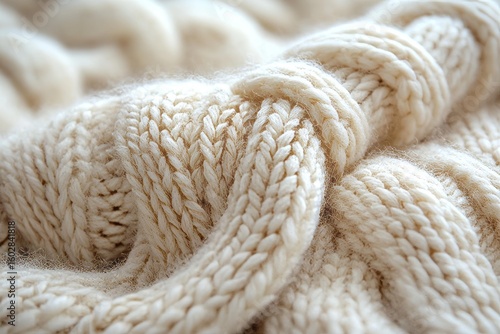Close-up of soft beige knitted fabric with detailed woven texture creating a warm cozy winter mood