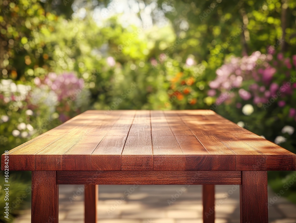 Naklejka premium Photorealistic Wooden Table in Lush Garden Setting, High Quality