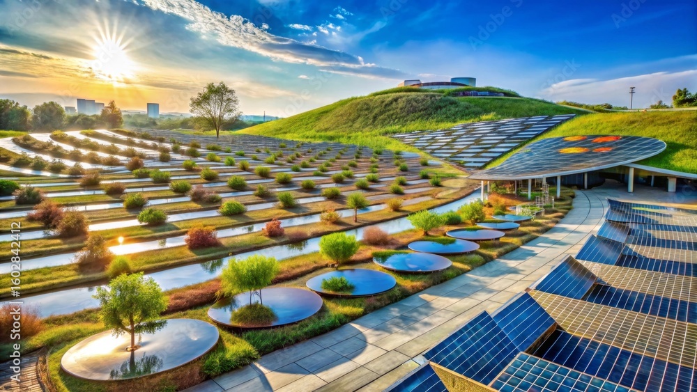 Fototapeta premium Serene Sunrise Over a Landscape of Sustainable Design Featuring Water Features and Solar Panels