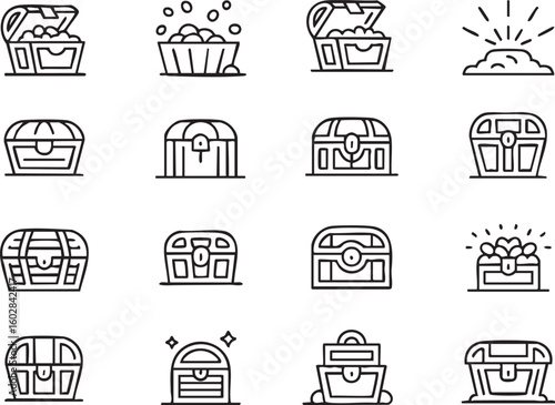 Collection of Treasure Chest Icons in Outline Style Representing Wealth Adventure and Hidden Riches Perfect for Game Design
