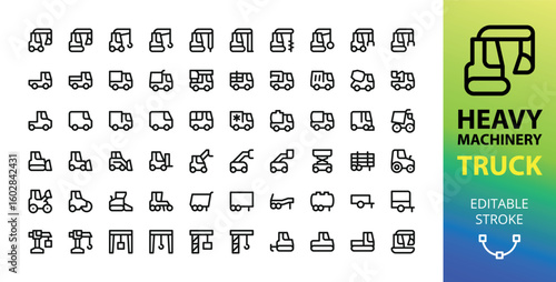 Heavy machinery, construction equipment, trucks and trailers UI line icons set for website and app.