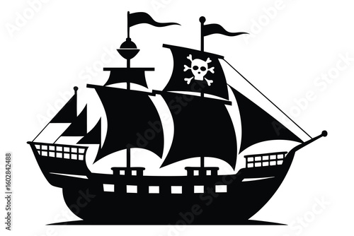 Black and White Pirate Ship Silhouette Illustration