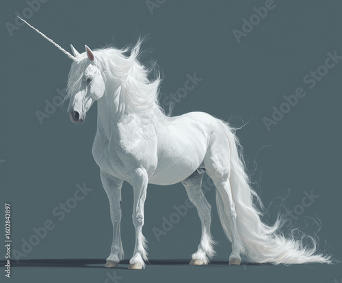 Magnificent White Unicorn with Flowing Mane on Gray Background