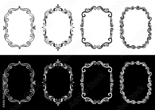Decorative ornamental frames, image set, isolated vector image in two design variants - on transparent and black backgrounds, chalk drawing
