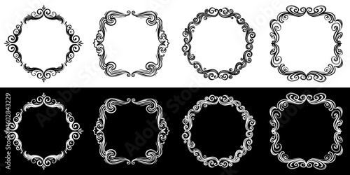 Decorative chalk drawing frames, isolated vector image set in two design variants - on transparent and black backgrounds