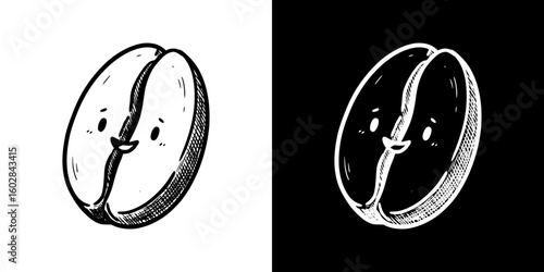 Smiling cartoon coffee bean illustration in chalk drawing style, isolated vector image in two design variants - on transparent and black backgrounds