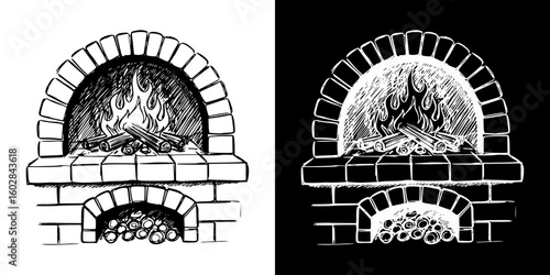 Isolated vector image of a brick oven with flames, two design variants - on transparent and black backgrounds, chalk drawing
