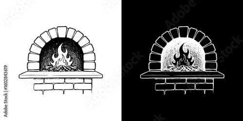 Isolated vector image of a stone stove
in chalk drawing style, isolated vector image in two design variants - on transparent and black backgrounds