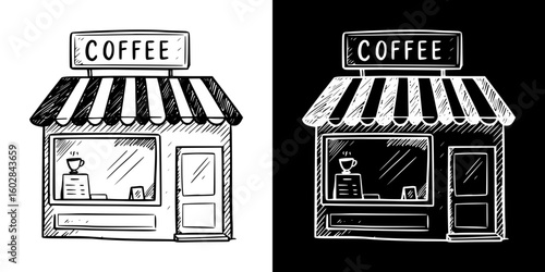 Coffee shop sketch, isolated vector image in two design variants - on transparent and black backgrounds, chalk drawing

