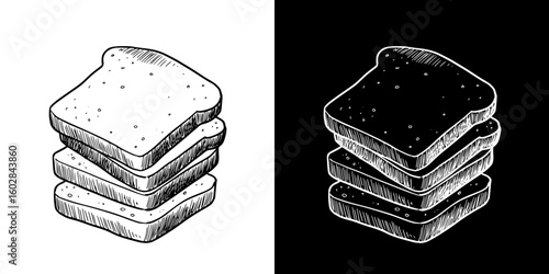 Chalk drawing of stacked slices of bread, isolated vector image in two design variants - on transparent and black backgrounds
