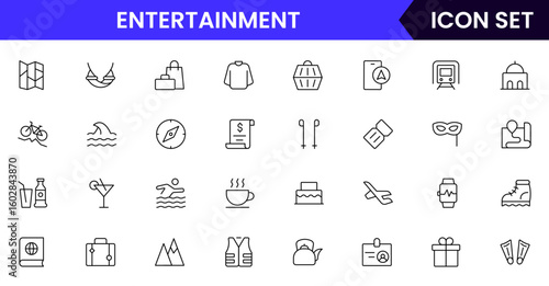 Entertainment vector line icons featuring music, games, books, movies, instruments, painting, photography, theater, and creative activities.