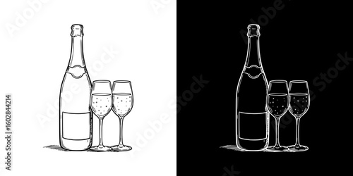 Isolated vector image of champagne bottle and glasses, two design variants - on transparent and black backgrounds, chalk drawing
