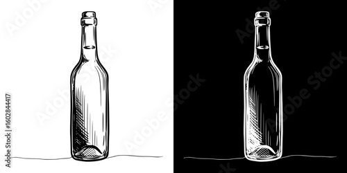 Isolated vector image of a bottle wine, two design variants - on transparent and black backgrounds, chalk drawing
