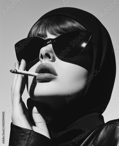 Black-and-white photograph of a woman wearing sunglasses and smoking a cigarette
