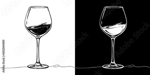 Wine glass illustration, isolated vector image in two design variants - on transparent and black backgrounds, chalk drawing
