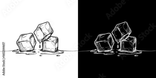 Ice cubes melting, isolated vector image in two design variants - on transparent and black backgrounds, chalk drawing
