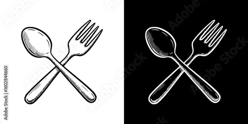 Isolated vector image of crossed spoon and fork, two design variants - on transparent and black backgrounds, chalk drawing
