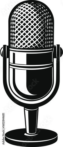 Captivating monochrome illustration of a classic vintage desktop microphone, perfectly conveying timeless audio and broadcast communication.