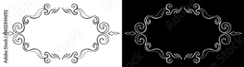 Isolated vector image of decorative frame, two design variants - on transparent and black backgrounds, chalk drawing
