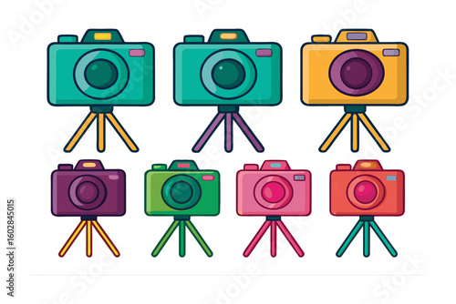 A collection of eight vividly colored vintage style cameras mounted on tripods displayed against a white background