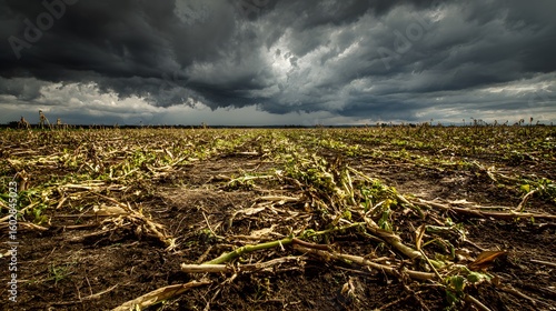 Stark Visual Narrative of a Hailstorm's Aftermath in a Vast Agricultural Field with Destroyed Crop Elements and a Gloomy Sky