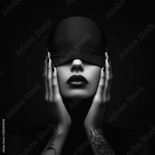 black and white portrait of a mysterious woman with her eyes covered by a cloth