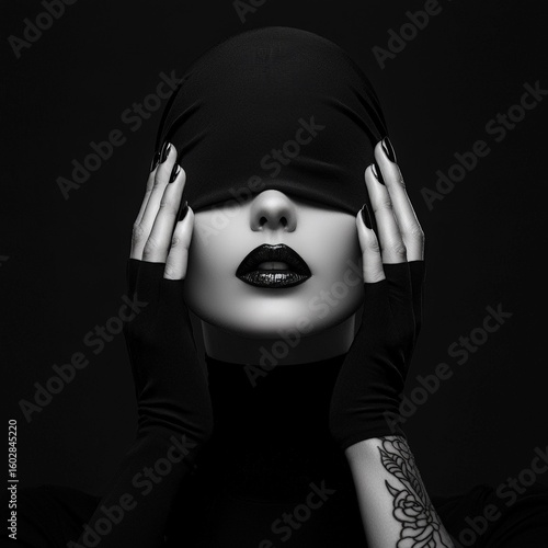 black and white portrait of a mysterious woman with her eyes covered by a cloth