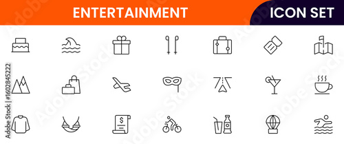 Entertainment vector line icons featuring music, games, books, movies, instruments, painting, photography, theater, and creative activities.