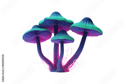 3D Green and Purple Neon Tropical Mushrooms on transparent Background, Abstract Glow Art Vibe