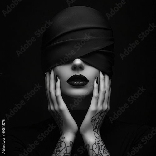 black and white portrait of a mysterious woman with her eyes covered by a cloth