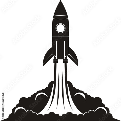 Stylized black and white vector illustration of a powerful rocket ship launching, depicting a successful startup liftoff with smoke and flames.