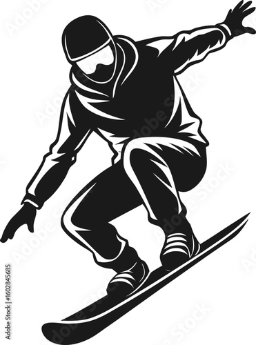 Extreme snowboarder executing a sharp turn, a bold black and white vector graphic for winter sports and freestyle action.