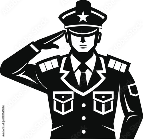 A proud soldier in a formal uniform gives a sharp salute, a powerful black and white graphic representing military honor and service.