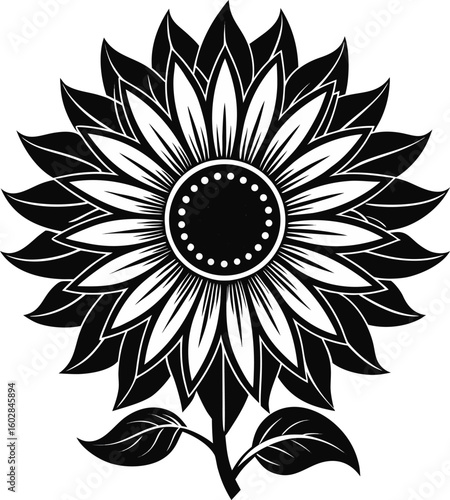 A stylized black and white sunflower graphic icon. This elegant floral illustration features detailed petals, leaves, and a stem.