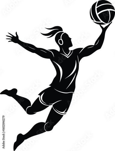 Dynamic black and white illustration of a female volleyball player in mid-air, jumping to spike the ball with athletic power.