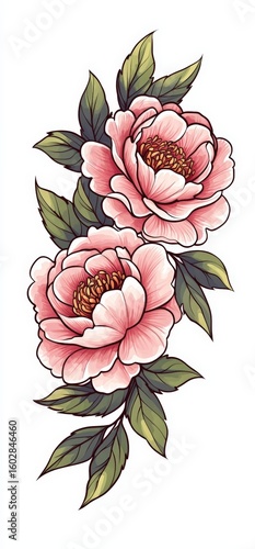 Neotraditional tattoo design with two blooming peonies