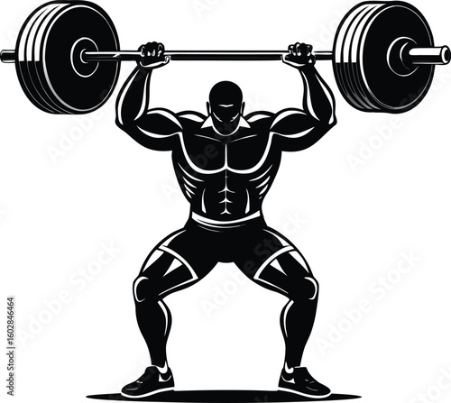 Powerful weightlifter in a dynamic pose, executing an overhead lift with a heavy barbell for strength training.