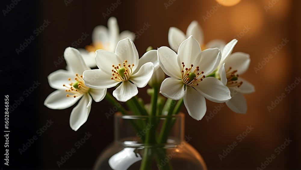 Obraz premium Delicate white flowers in a glass vase, a serene and elegant image.
