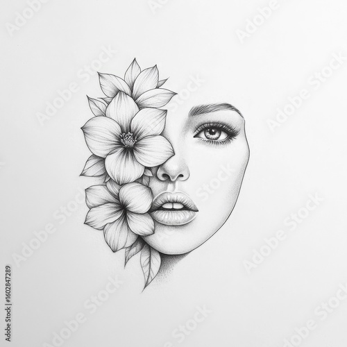 Tattoo design: a drawing of flowers growing out from the eyes and mouth