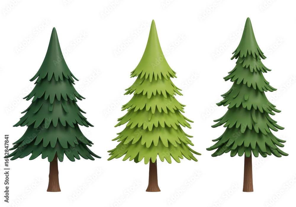 Fototapeta premium Isolated Three Green Cartoon Pine Trees