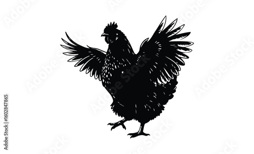 Silhouette of rooster with outstretched wings in dynamic pose on white background. Vector retro hand drawn illustration.