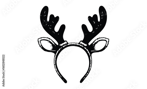Black and white reindeer antler headband illustration for festive holiday celebrations. Vector retro hand drawn illustration.