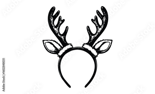 Black and white reindeer antler headband illustration with fur trim detail. Vector retro hand drawn illustration.