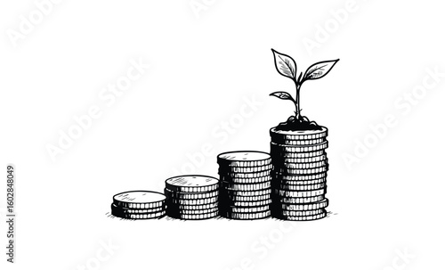 Stacks of coins with growing plant illustrating financial growth and investment. Vector retro hand drawn illustration.