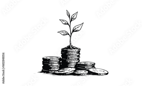 Growing plant on stacked coins symbolizing financial growth and investment potential. Vector retro hand drawn illustration.